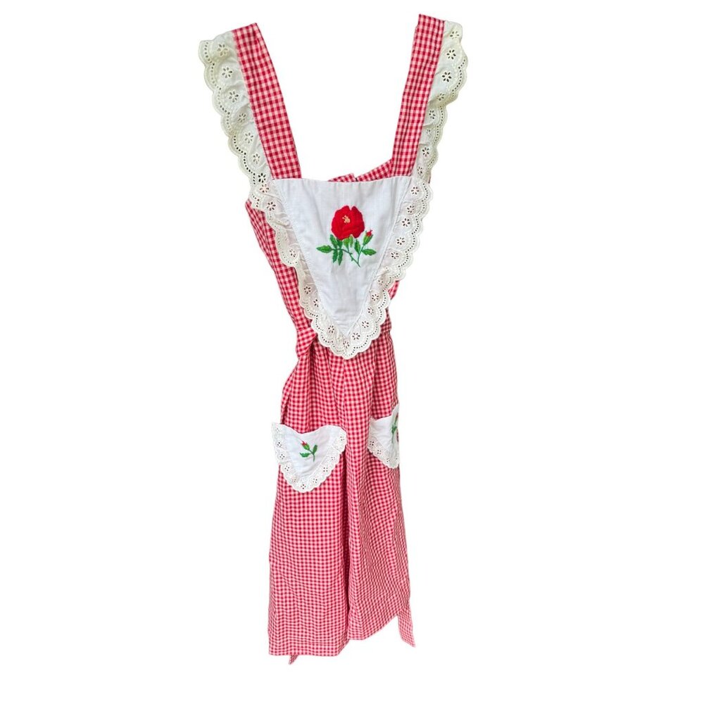 Hand Made Pinafore Embroidered Eyelet Lace Sundress Apron  1950s Vintage Small